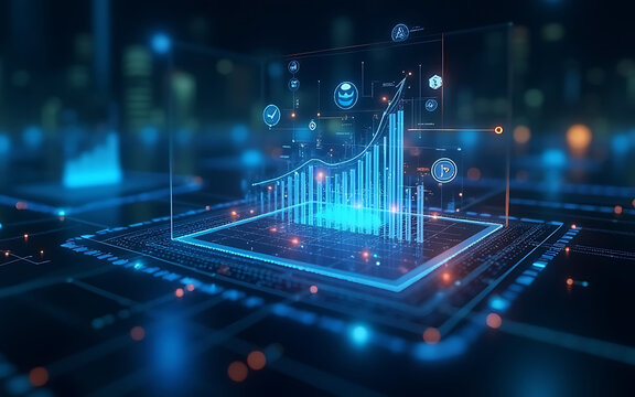 An augmented reality interface with interactive holograms, charts, and digital icons floating in a transparent layout