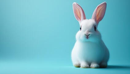 Fototapeta premium Minimalist Happy White Rabbit on Blue Background with Negative Space