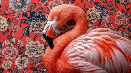 Vibrant Flamingo Against Ornate Floral Tapestry Background Showcasing Intricate Patterns and Bold Colors