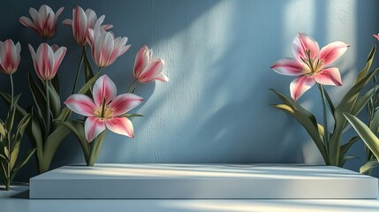 Elegant Floating Floral Frame Surrounding a White Podium Showcasing a 3D Display with Vibrant Floral Accents for Modern Presentations