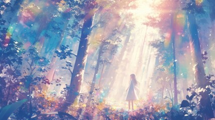 She walked through the forest mesmerized by the radiant rainbow mist hanging in the air.
