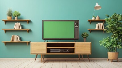 Retro-style living room with a TV, shelves, and plants against a teal wall.