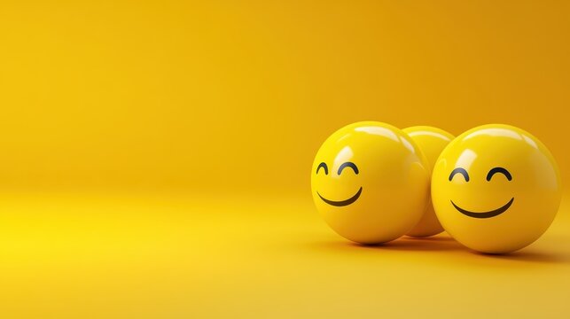 Three happy balls with smiling faces on bright yellow background, cheerful and vibrant image spreading joy
