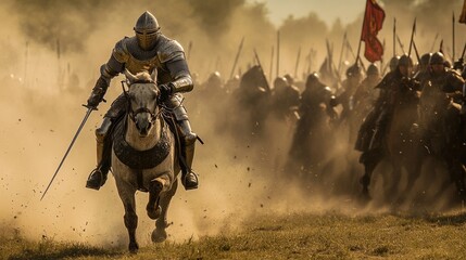 A knight charges into battle, leading a group of soldiers in a dusty landscape.