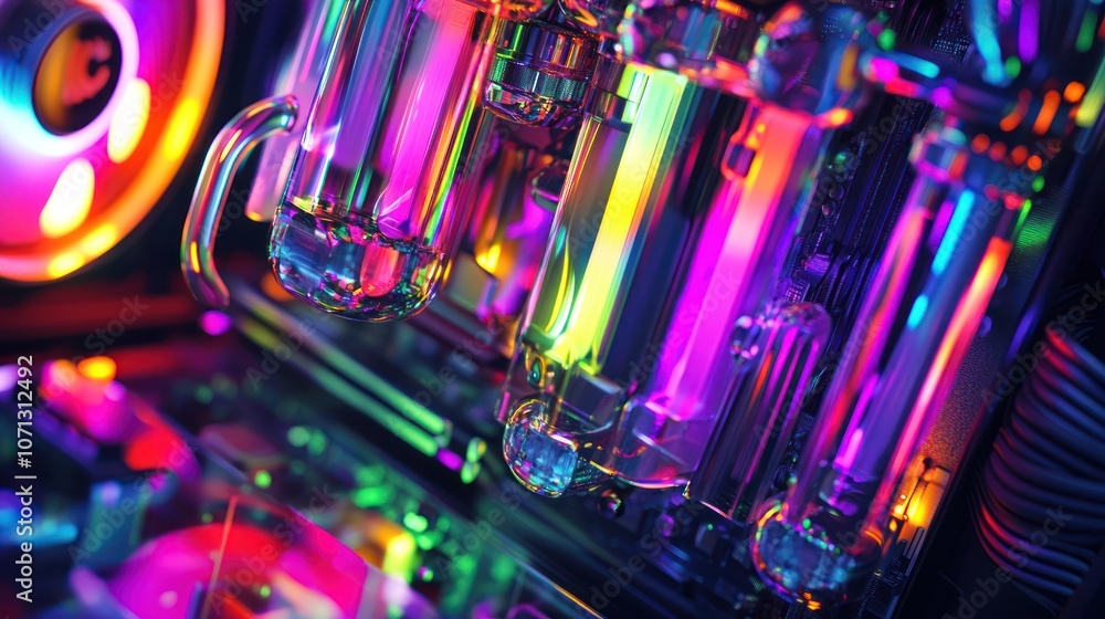 Poster a close-up of a colorful computer cooling system with vibrant lighting.