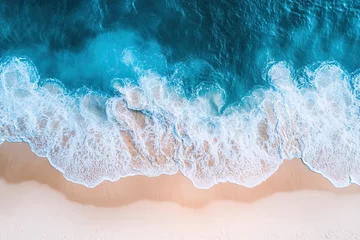 Gordijnen Drone photograph of tropical sea sand beach, Aerial shot shoreline coastline photographs, turquoise water white sands, bird's eye view survey © dan