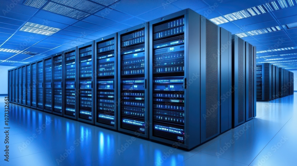 Poster high performance server infrastructure in modern data center, ensuring seamless connectivity and rel