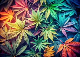 Vintage Style Photography of Colorful Cannabis Leaves Against a Soft Pastel Background, Emphasizing Nature’s Beauty and the Playful Harmony of Colors in a Retro Aesthetic