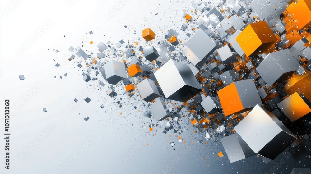 Poster abstract image of floating cubes in metallic and orange tones.