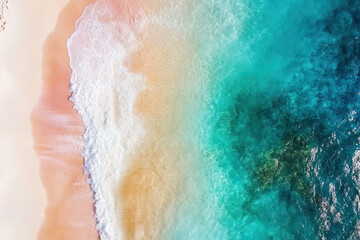 Drone photograph of tropical sea sand beach, Aerial shot shoreline coastline photographs, turquoise water white sands, bird's eye view survey