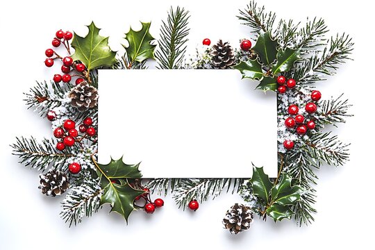 Thanksgiving & Christmas festive border with red poinsettia flower, bauble decorations & winter greenery on white background. Design element with copy space. 