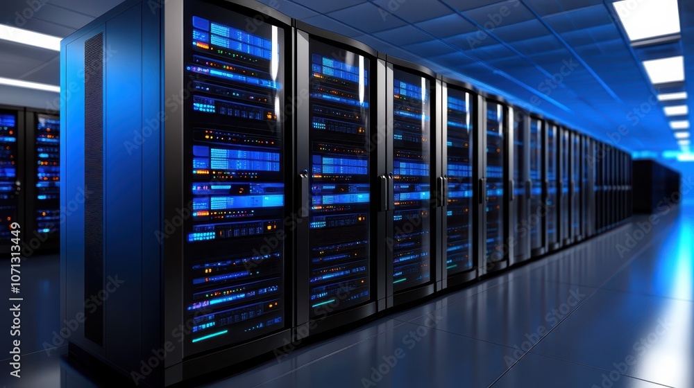 Poster powerful servers in modern data center, ensuring seamless connectivity and efficient storage for enh