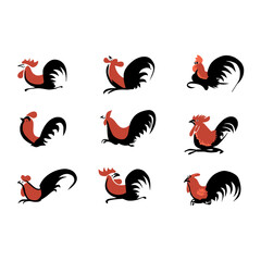 Set of bowl Logo from rooster stamp from Thailand. chicken logo vector illustration. Vintage Rooster logo stamp
