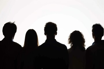Silhouette of a group of people viewed from behind against a white background