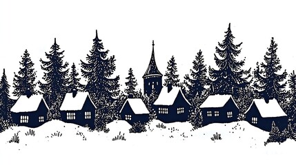 Obraz premium Winter Village Scene with Snow Covered Houses and Pine Trees in Serene Nighttime Setting : Generative AI
