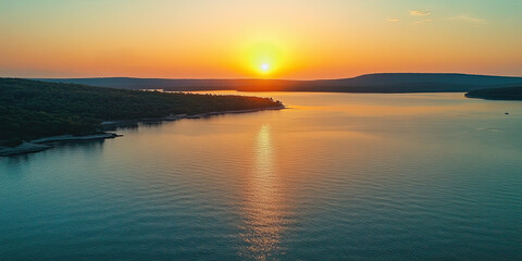 Fototapeta premium Aerial drone photograph beautiful sunset horizon, seascape ocean scene, epic background landscape photo, bird's eye view