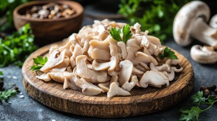 Fototapeta premium A pile of sliced mushrooms garnished with parsley on a wooden board.