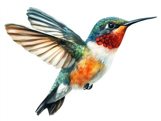Fototapeta premium A detailed illustration of a hummingbird in mid-flight with spread wings against a white background.
