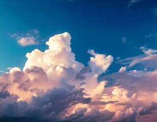 Sky with sun rays and fluffy clouds