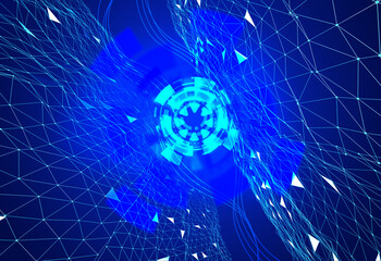 Abstract geometric background connecting dots as plexus in blue. tech circle and technology background. Futuristic interface. Futuristic flowing grid on bokeh lights background	