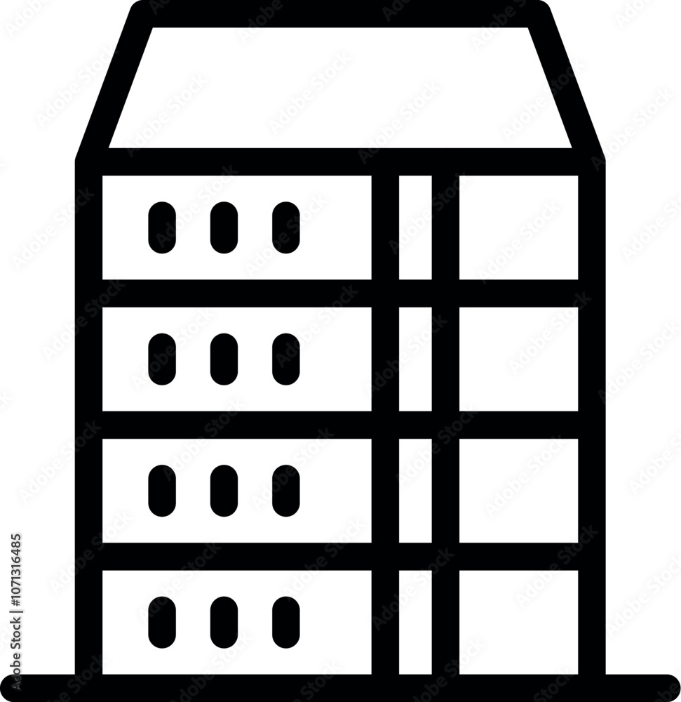 Poster simple black server rack icon symbolizing data storage, network infrastructure, and cloud computing