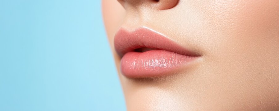 Close-up of a woman's lips against a soft blue background, showcasing smooth skin and subtle lip color, emphasizing beauty and elegance.