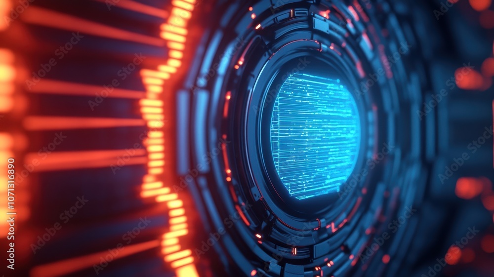 Poster a futuristic digital interface featuring glowing circular patterns with blue elements surrounded by 