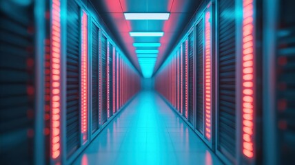 A futuristic server room with glowing lights, showcasing rows of servers along a corridor.