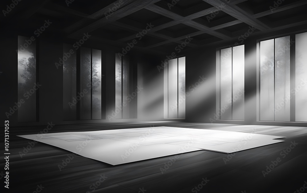 Poster A minimalistic interior scene featuring beams of light streaming through tall windows in a darkened room with a white rug.