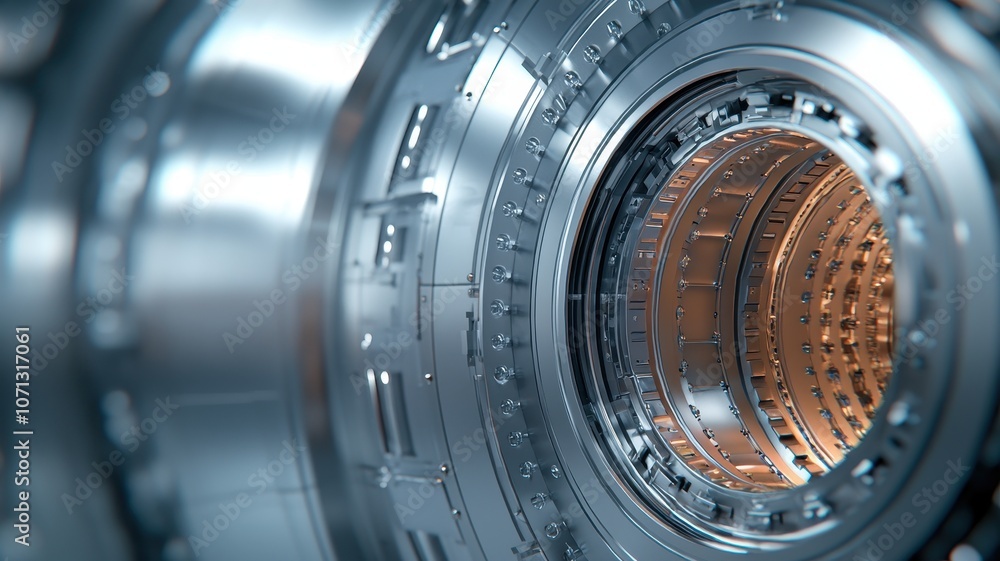 Poster a close-up of a metallic turbine or engine component, showcasing intricate details of its design and