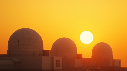 A serene sunset casts golden hues over three large dome structures, creating a tranquil atmosphere. Nuclear