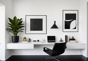 A minimalist modern home office with a large desk, a comfortable office chair and a floating bookshelf. The room features a few plants, a modern artwork on the wall and a sleek lamp, geometric