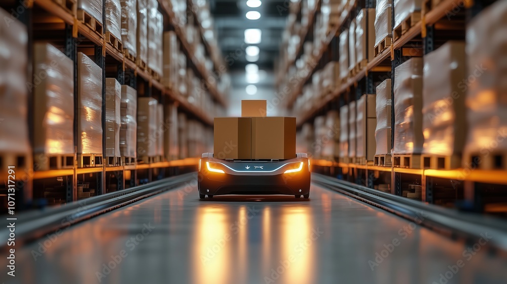 Poster self-driving logistics robot with boxes. advanced self-driving agv carrying multiple boxes through a