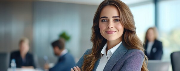 A confident woman in a business setting smiles while others work in the background, showcasing professionalism and teamwork.