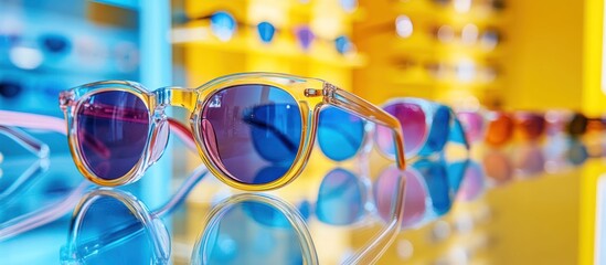 A pair of yellow transparent sunglasses with blue and purple lenses, reflected on a table with a blurred background of different colorful sunglasses in a shop.