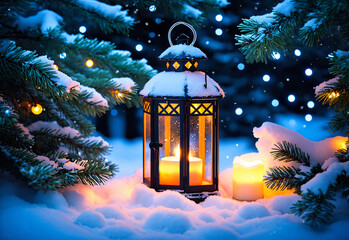 A cozy Christmas lantern with a glowing candle inside, surrounded by snow-covered pine branches, ornaments and twinkling fairy lights. The scene is serene, with a cold winter night atmosphere, smooth