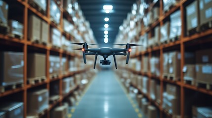 Advanced Drone Navigating Warehouse Aisles. Drone navigating through warehouse aisles, symbolizing the integration of modern technology in logistics and inventory management.