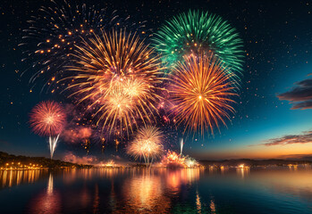 A breathtaking fireworks show with multi colored explosions filling the night sky, reflecting off nearby water. Bright streaks of light and sparkles create a dynamic and joyful festive atmosphere