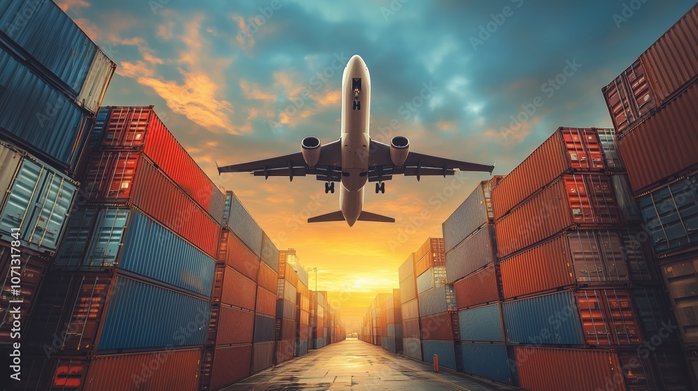 Poster plane over container yard at sunset. plane flying above a container yard with stacks of containers a