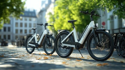 Fototapeta premium Two modern electric bicycles parked in a scenic urban setting.