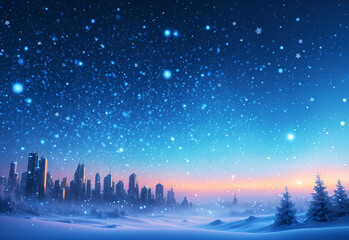 Obraz premium Delicate, frosty snowflakes drifting through a glowing, ethereal winter sky. The background is a gradient of cool blue hues, dotted with twinkling light orbs, resembling a festive, frozen dreamscape