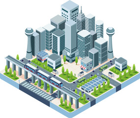 Isometric Metropolis Transportation System with Elevated Rail Transport