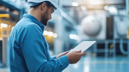 A construction worker in a hard hat uses a tablet in an industrial setting, showcasing technology integration in modern workplaces.