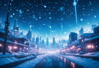 Delicate, frosty snowflakes drifting through a glowing, ethereal winter sky. The background is a gradient of cool blue hues, dotted with twinkling light orbs, resembling a festive, frozen dreamscape