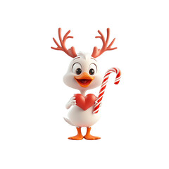 Fototapeta premium Cute Duck with Antlers Holding Heart and Candy Cane