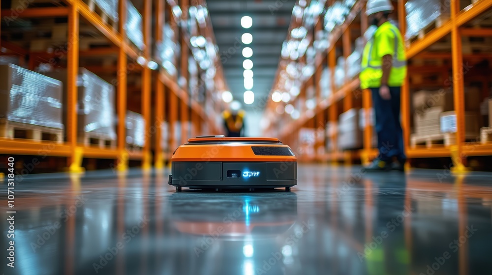 Poster agv robot navigating industrial warehouse. close-up of an automated agv robot moving through an indu