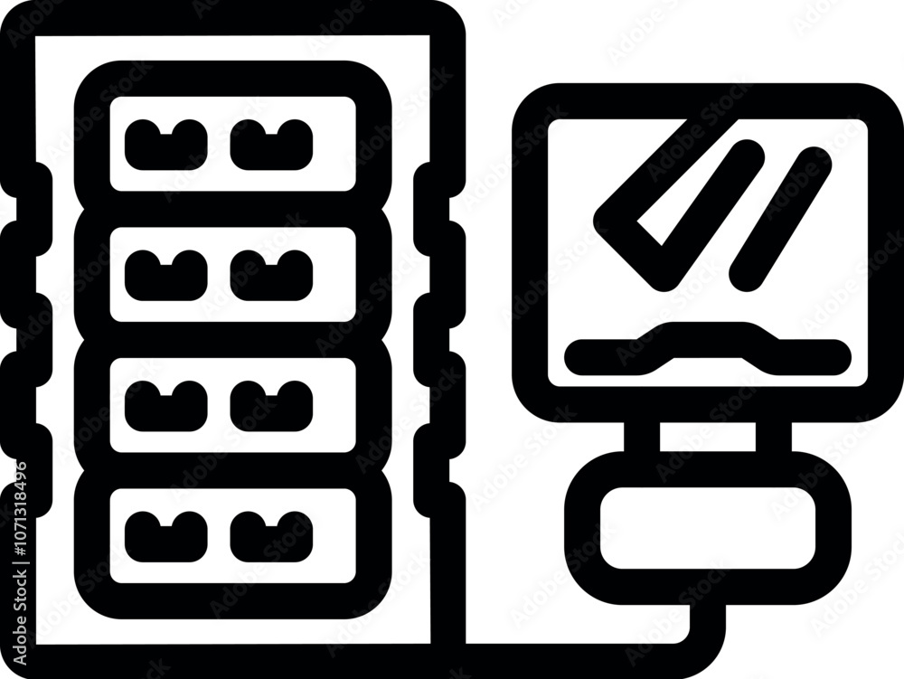 Poster server rack with connected monitor displaying processing data, symbolizing efficient data management