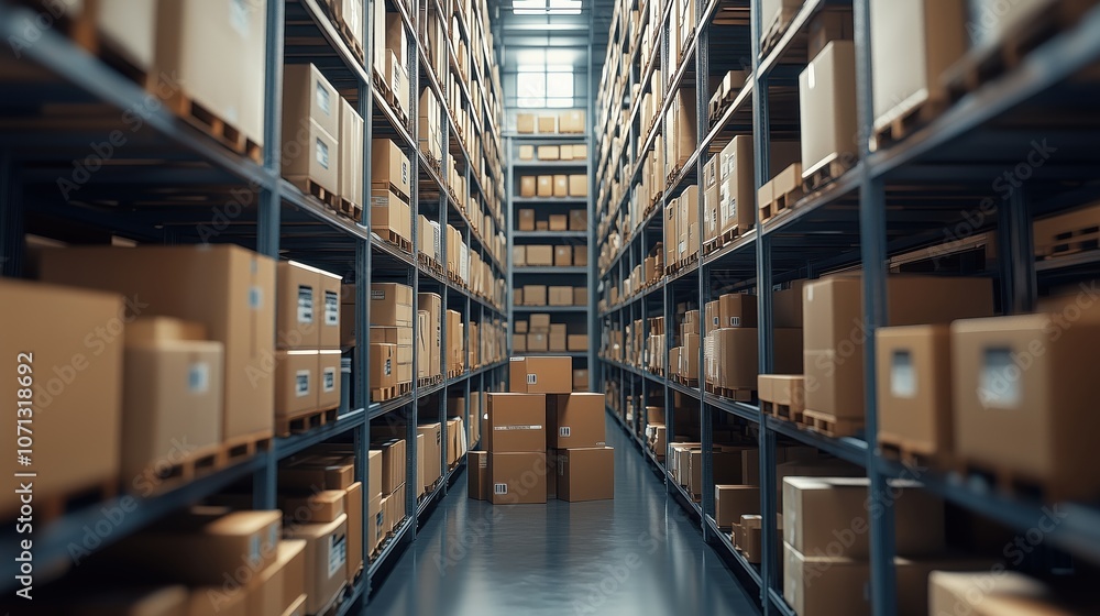 Poster warehouse shelves stacked with shipping boxes. high shelves in a warehouse loaded with cardboard box