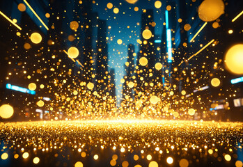 Naklejka premium A mesmerizing display of golden light particles suspended in midair, with a bokeh effect that creates a sense of depth and warmth. The entire scene feels radiant and peaceful, like a celebration