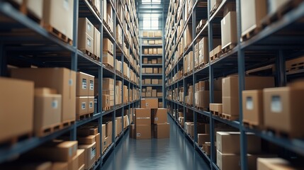 Warehouse Shelves Stacked with Shipping Boxes. High shelves in a warehouse loaded with cardboard boxes, emphasizing storage and efficient inventory handling in logistics.
